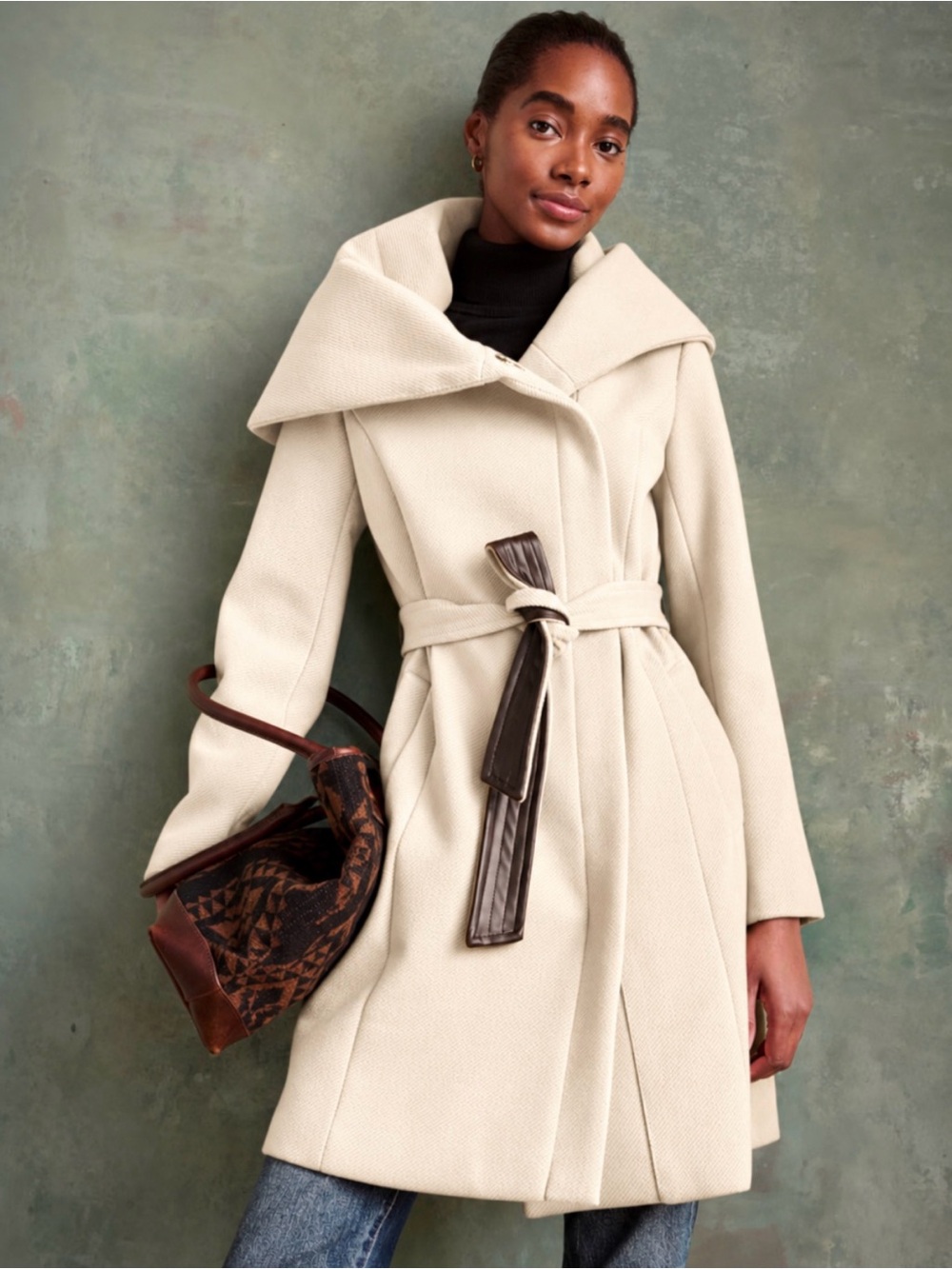 Cole Haan Wool Blend Cream Wrap Pea Coat with Dark Brown Belt Accent NWOT